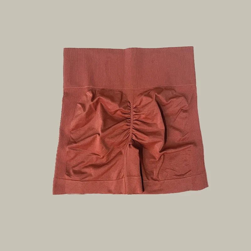 Brown shorts of women’s high-waist workout shorts and matching sports bra two-piece set