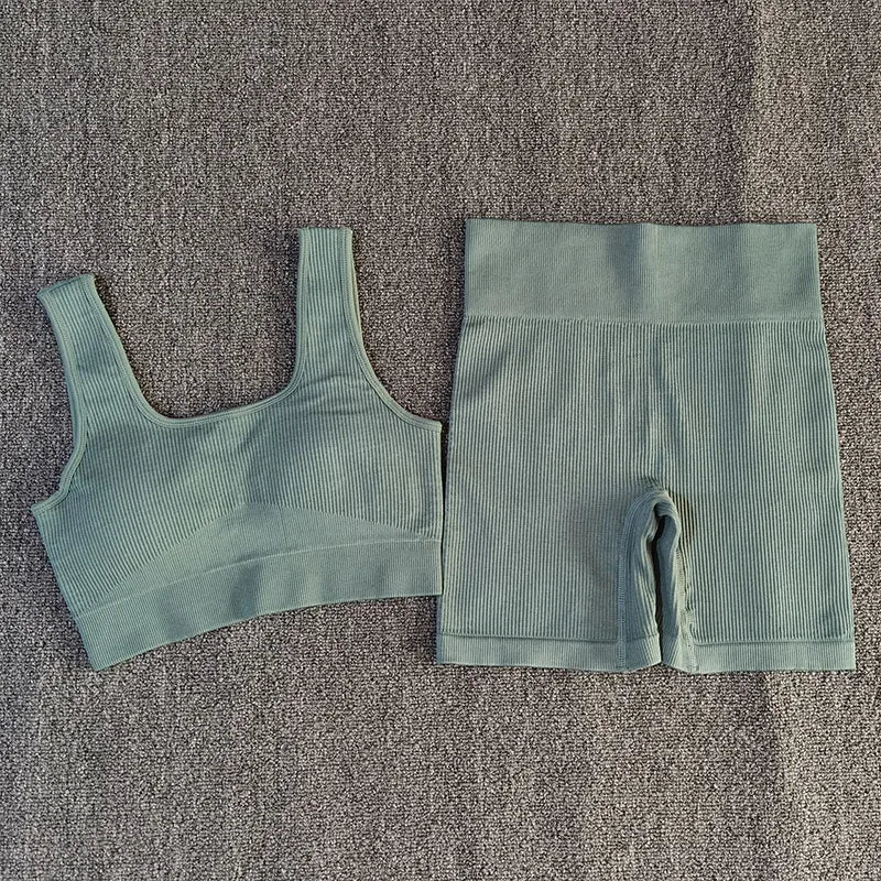 Grey blue women’s seamless sports bra and shorts two-piece workout set