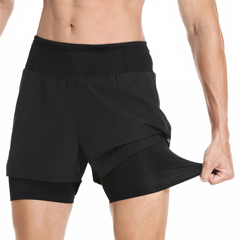 Man modeling the front view of Black Double Layer High Waist 2 in 1 Running Shorts pulling on compression liner