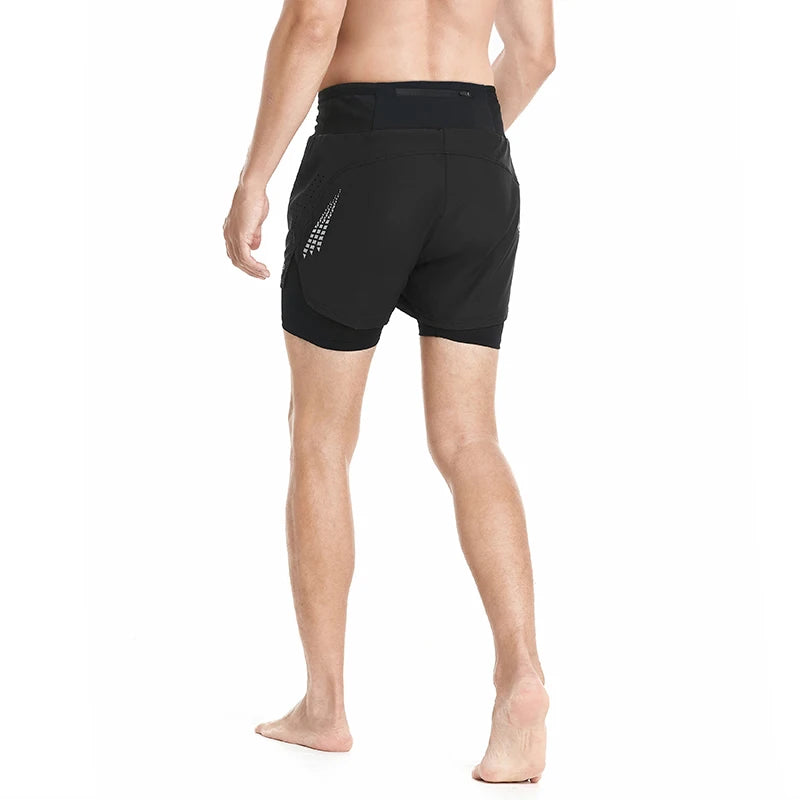 Man modeling the back view of Black Double Layer High Waist 2 in 1 Running Shorts 