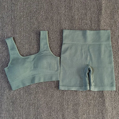 Gray Blue Sport Bra and Shorts Set displayed