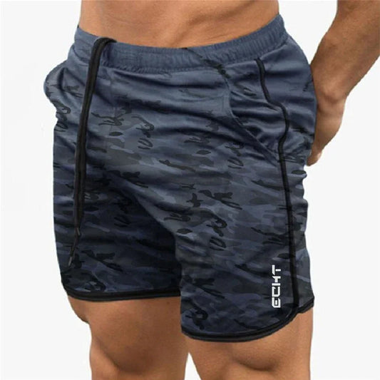 Man modeling the front view of gray camo Summer Shorts for Men