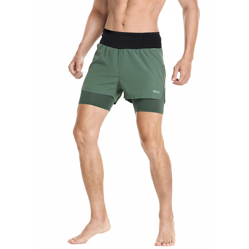 Man modeling the front view of Green Double Layer High Waist 2 in 1 Running Shorts