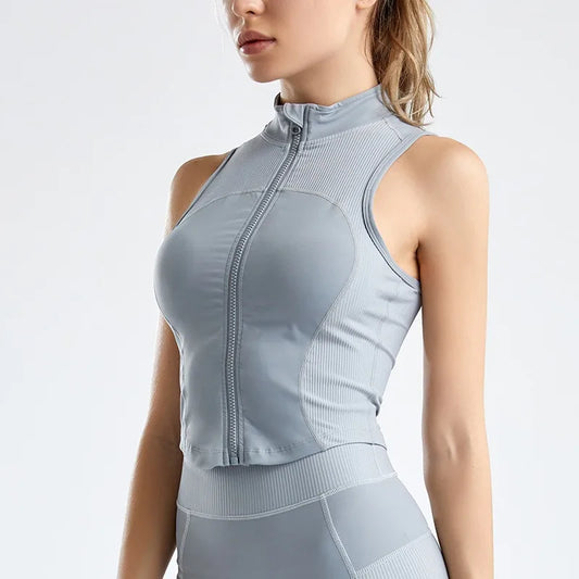 Woman modeling a grey Women's Sleeveless Sweater Vest.