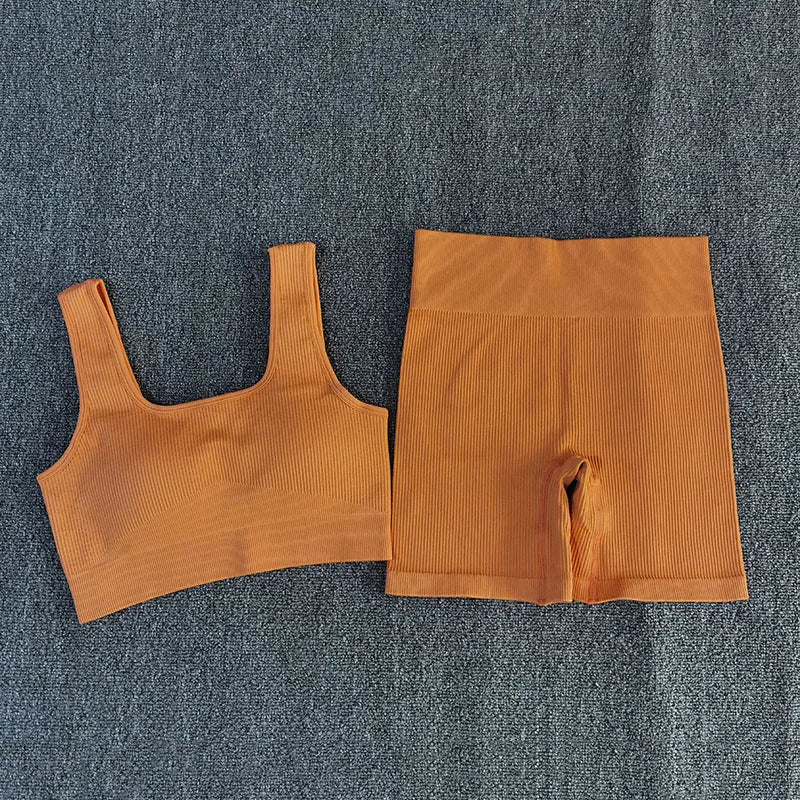 Orange Sport Bra and Shorts Set displayed