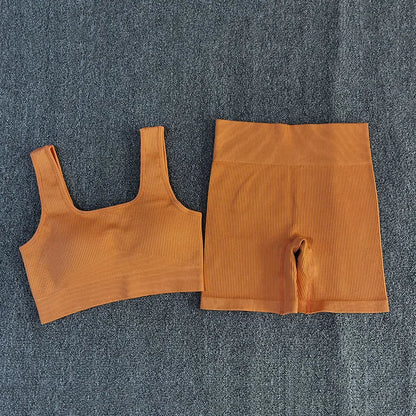 Orange Sport Bra and Shorts Set displayed