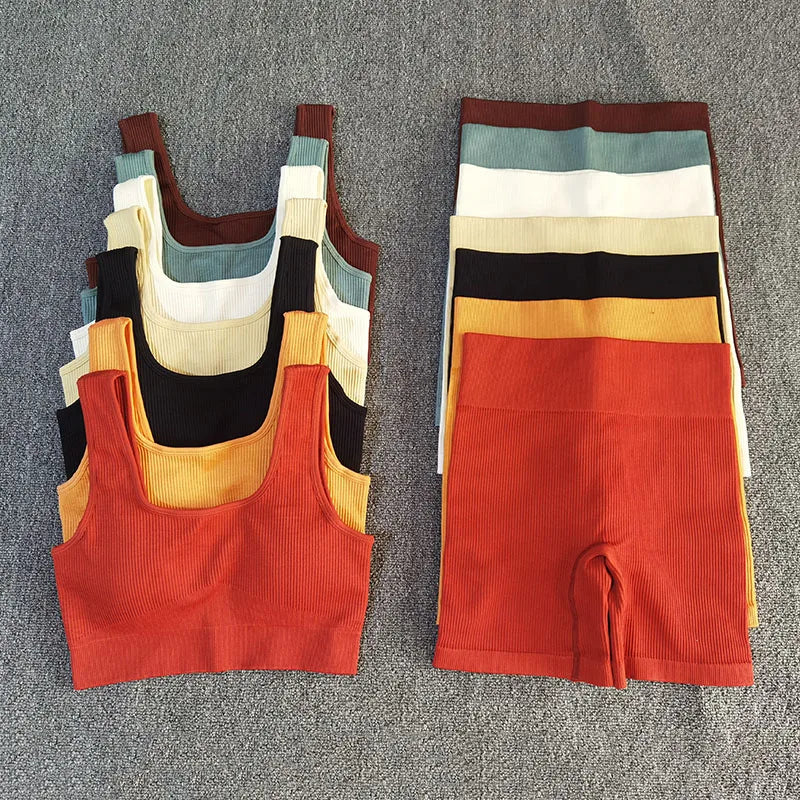 Various colors of Sport Bra and Shorts Set displayed