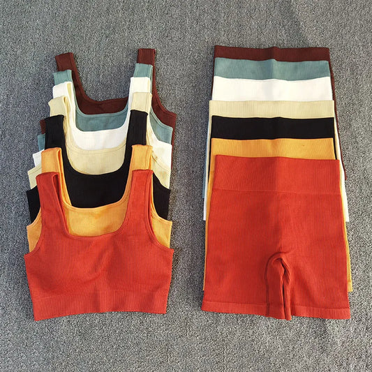 Various colors of Sport Bra and Shorts Set displayed